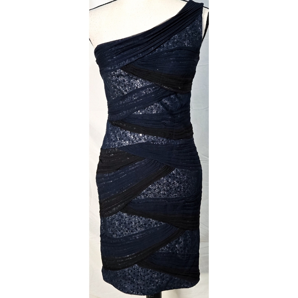 Tadashi Shoji One Shoulder Sequin Dress Navy Blue Silk Pleated Sheath Formal